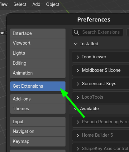 Get Extensions in Blender Preferences