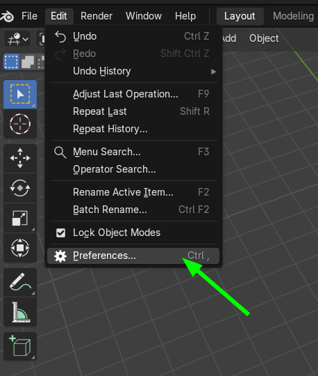 Blender Preferences menu